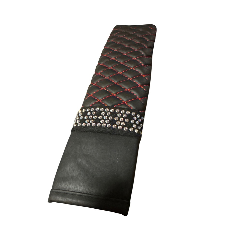 Black Quilted Faux Leather Seat Belt Cover with Rhinestones and Red Stitching